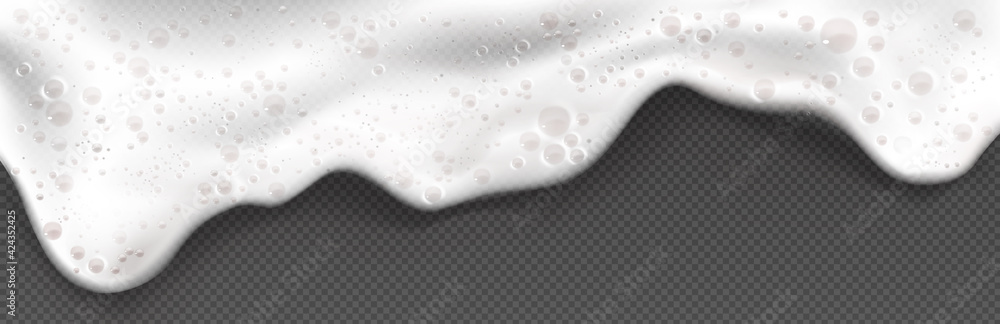 White soap foam, suds of detergent, cleaning gel or shampoo. Vector realistic illustration of froth with air bubbles in laundry, foam from beer or fizzy drink isolated on transparent background - obrazy, fototapety, plakaty 