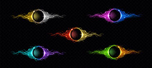 Electric Lightning Ring With Color Glow Effect. Illuminated Neon Round Frames. Vector Realistic Digital Portals With Sparking Electrical Discharge Isolated On Black Background