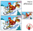 Rooster and hen sledding down a hill. Find 10 differences. Educational game for children. Cartoon vector illustration