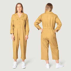 Blonde woman in yellow jumpsuit with design space streetwear apparel full body