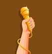 Hand holding golden microphone. singer musical symbol concept in cartoon illustration vector