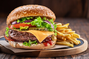 Wall Mural - Delicious burger with  potato fries on a wooden table with a dark brown background behind. Fast food concept.