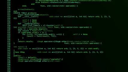 programming code on black screen loop animation background. a programmer writes a program. silicon v