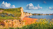 Beautiful summer scenery. Amazing summer landscape of Mania Beach. Colorful morning scene of Cephalonia island, Greece, Europe. Nice seascape of Ionian Sea. Traveling concept background.