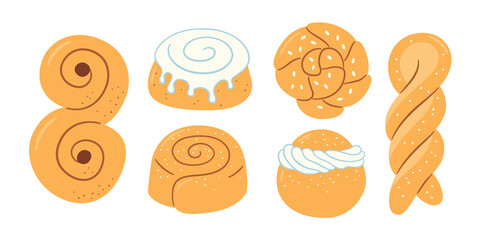 Traditional swedish sweets. Kanelbulle bun, cinnamon roll, Pepparkakor, Semla, lussekatt, dammsugare, prinsesstarta, waffle and chokladboll. Hand drawn isolated vector illustration on white background