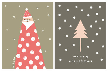 Set of 2 Cute Christmas Vector Card. Christmas Tree and and Snow Isolated on a Dark Green Background. Handwritten Merry Christmas and Ho Ho Ho. Big Santa Claus and Stars on a Pale Green Layout.