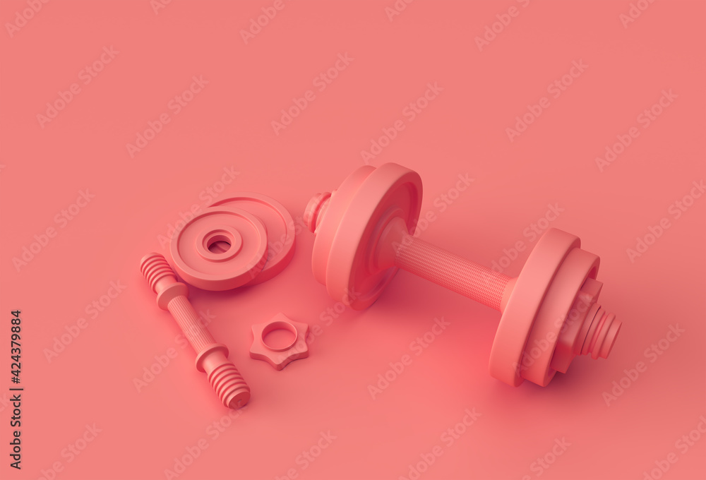 3d Render Dumbbells Set, Realistic Detailed Close Up View Isolated Sport Element of Fitness Dumbbell Design. - obrazy, fototapety, plakaty 