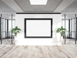 Black horizonal frame Mockup hanging on wall. Mock up of a billboard in modern wooden office interior 3D rendering