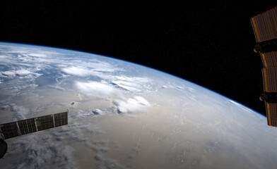 Wall Mural - view of planet earth from a space station window during a sunrise 3d rendering elements of this imag