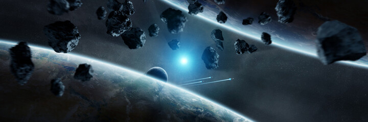 Leinwandbilder - Panoramic space planets background. Panorama of distant solar system with exoplanets 3D rendering elements of this image furnished by NASA
