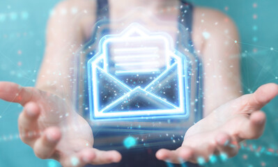 Fototapete - Woman using digital email blue holographic interface 3D rendering