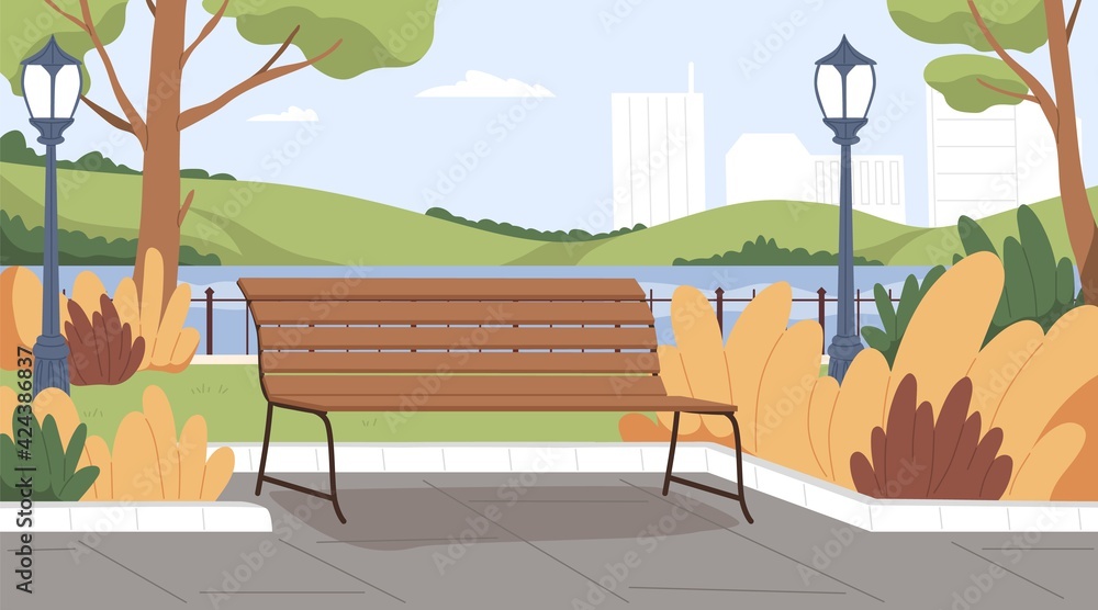Landscape of empty urban public park with wooden bench, lantern, trees, bushes and water on background of city buildings. Colored flat vector illustration of scenery autumn parkland - obrazy, fototapety, plakaty 