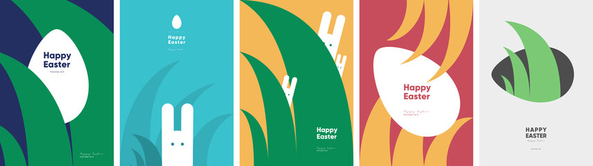 Happy Easter. Patterns. Modern geometric abstract style. A set of vector Easter illustrations. Easter eggs, rabbit. Perfect for a poster, cover, or postcard.