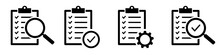 Set Of Checklists With Gear, Checkmarks, Magnifier. Different Inspection Icons. Checklist Icons. Vector Illustration.