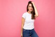 © Ivan Traimak - Photo shot of cute nice charming gorgeous attractive pretty youngster happy woman wearing white t-shirt for mockup isolated over colorful background with copy space