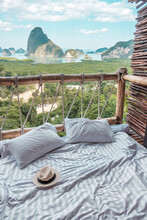 Hat Against Phang Nga Bay Background, Tourists Relaxing In Tropical Resort At Samet Nang She, Near Phuket In Southern Thailand. Southeast Asia Travel And Summer Vacation, Freelance Concept