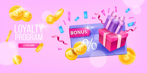 Customer loyalty program, vector gift card, web page banner, present box, gold coins, button. Consumer reward, client discount concept, online shopping sale bonus background. Loyalty program design