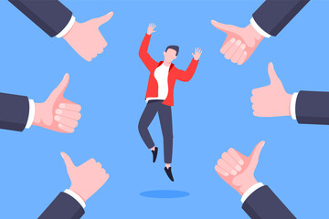 Wall Mural - Employee recognition or proud worker of the month business concept flat style design vector illustration. Young adult man jumps in the air and many thumbs up around him.