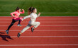 © be free - stamina. teenage girls run marathon. runner on race competition. sprinter warming up on stadium gym. children training at school physical education lesson. speed and motion. Just flying