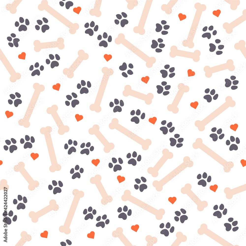 Seamless pattern design with dog paw traces, bone silhouettes and heart ...