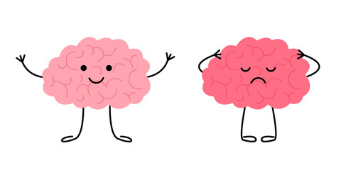 Brain happy healthy and sad sick characters. Check health brain mental organ. Headache, tired, pain, strain brain concept. Vector flat illustration