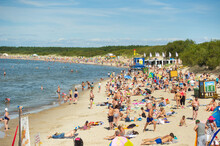 15 August 2017, Palanga, Lithuania. Crowded Beach In Summer Hot Bright Summer Day