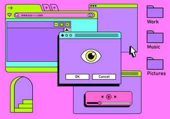 Wall Mural - Retro vaporwave desktop with message boxes and user interface elements. A conceptual illustration of website and application programming.