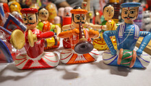 A Beautiful Collection Of Toys In Vibrant Colors  Depicting Indian Musicians During Wedding Ceremony Made From Soft Wood Are Widely Popular With The Kids In South India.