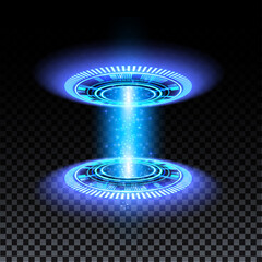 Wall Mural - Blue hologram portal. Magic fantasy portal. Magic circle teleport podium with hologram effect. Vector blue glow rays with sparks on transparent background.