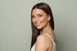 © artmim - Young pretty brunette model woman with clear skin and long healthy straight hair smiling on white background