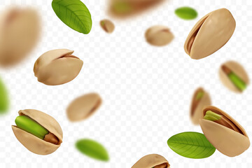 Wall Mural - Realistic falling ripe pistachios with green leaves isolated on transparent background. Flying defocusing pistachios in shell. Design element for nuts packaging, advertising, etc. Vector illustration.