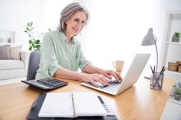 Portrait of positive pretty woman sit behind desktop toothy smile look use laptop write message home indoors