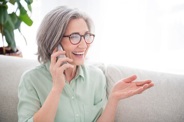 Sticker - Portrait of satisfied pretty aged person speak phone arm explaining toothy smile have good mood indoors