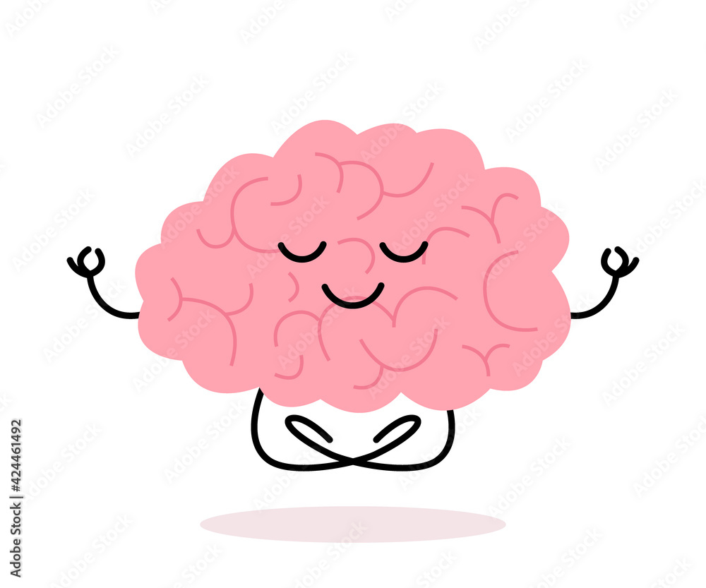 Happy healthy brain mind character meditation yoga relax. Health brain mental organ sit in lotus, keep calm. Vector flat illustration