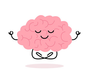 Happy healthy brain mind character meditation yoga relax. Health brain mental organ sit in lotus, keep calm. Vector flat illustration