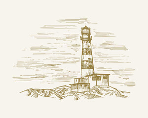 Wall Mural - Hand Drawn Sea Building Landscape Vector Illustration. Lighthouse Sketch. Village Light House Doodle. Isolated