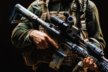 Unrecognizable special forces soldier standing with rifle against black dark background