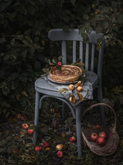 apple pie on gray chair side view on fruit garden background closeup. Selective focus