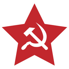 red five pointed star with hammer and sickle inside isolated on white background. ussr symbol