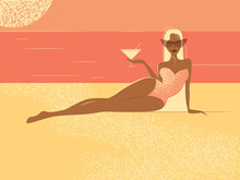 A Young Slender Girl Is Relaxing On The Beach In A Swimsuit Over A Glass Of Cocktail. Vector Illustration For Swimwear Advertising, For Social Networks, Posters ,postcards, Banner.