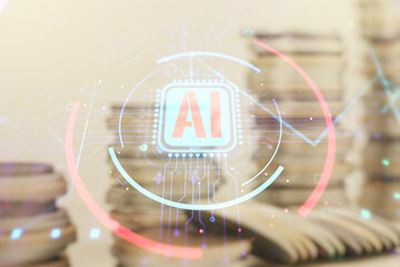 Double exposure of creative artificial Intelligence abbreviation hologram on growing coins stacks background. Future technology and AI concept