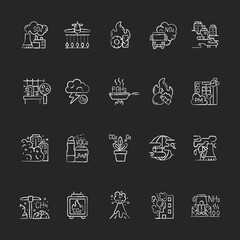 Sticker - Air pollution chalk white icons set on black background. Fighting pollution disaster problems. People damaging own home. Humanity problem. Isolated vector chalkboard illustrations