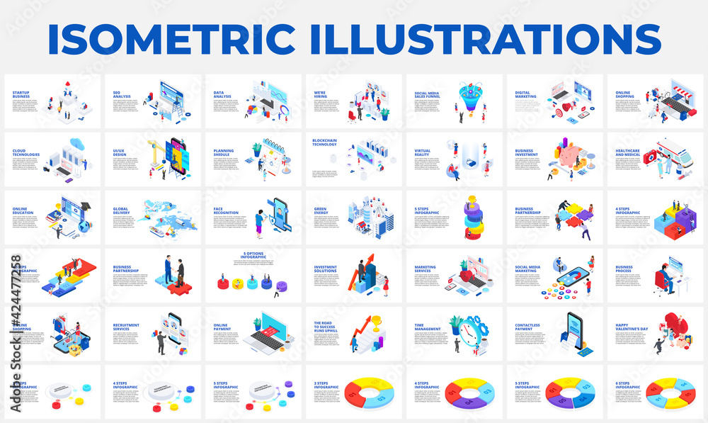 Isometric 3d illustrations set. Startup, business, seo, analysis data, recruiting and social media with characters - obrazy, fototapety, plakaty 
