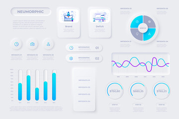 Financial analytics, time management and planning gui templates. User interface elements. Unique neumorphic design set. Manage, navigation, search form and components