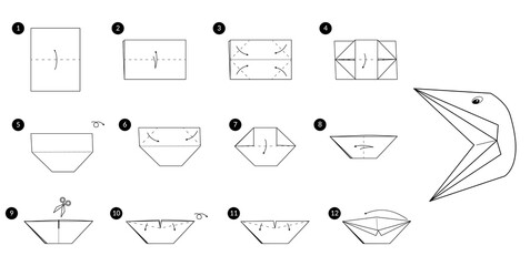 Poster - Crow head origami line monochrome instruction step by step. Illustration how to make hungry pinching raven beak from paper.