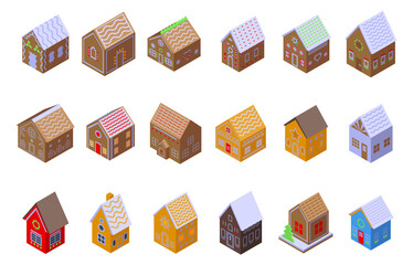 Wall Mural - Gingerbread house icons set. Isometric set of gingerbread house vector icons for web design isolated on white background