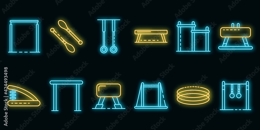 Gymnastics equipment icons set. Outline set of gymnastics equipment vector icons neon color on black - obrazy, fototapety, plakaty 