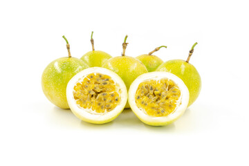 Wall Mural - Closeup of many fresh golden passion fruit isolated on white background
