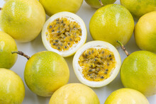 Many Golden Passion Fruit Spread All Over The Background Top View