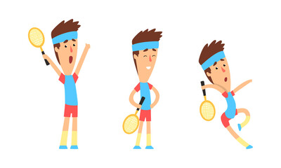 Canvas Print - Male Tennis Player Character in Various Poses Set, Athlete in Sports Uniform Playing Tennis with Racket and Ball Cartoon Vector Illustration